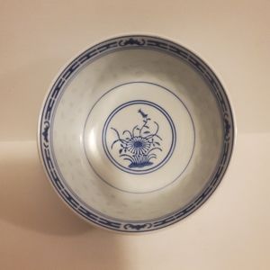 Vintage Blue White Porcelain Rice Bowl Flower Design Made in China Signed